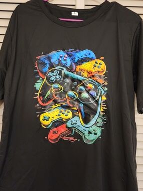 Black Video Game Controllers Graphic Tee - Multi-Color Print